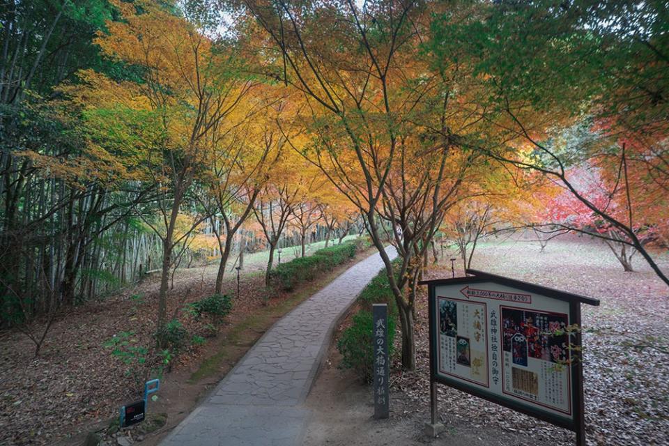 写真：武雄の大楠へ向かう小さな石畳の道。手前右側に「武雄の大楠通り」の道標と、武雄神社の御守りの看板が立っている