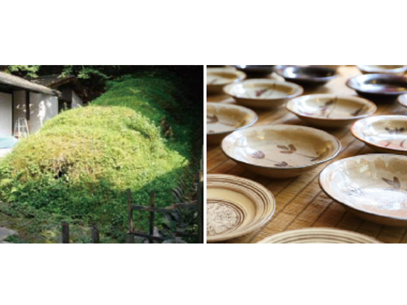 写真：緑が溢れる庭と唐津焼の写真