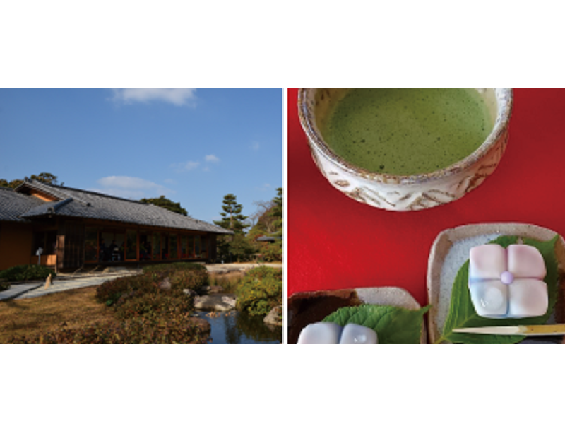 写真：茶苑「海月」の外観と抹茶と生菓子の写真