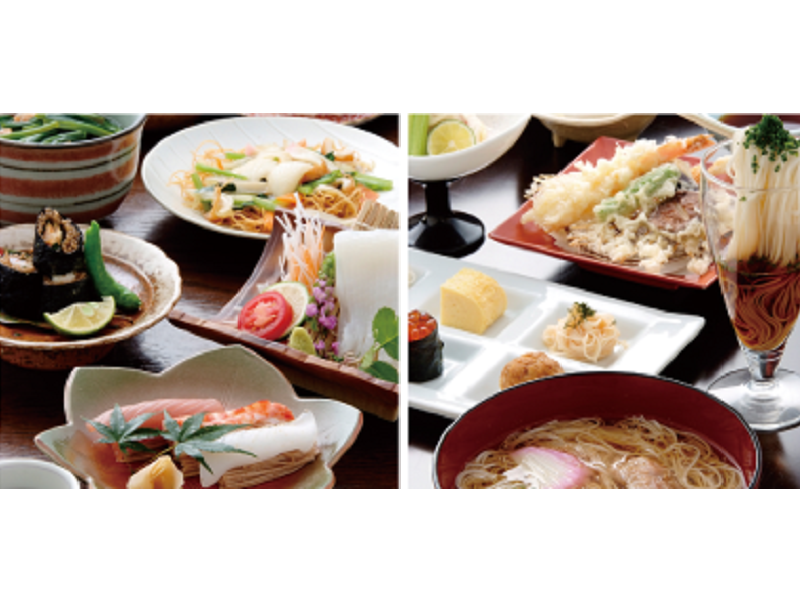 神埼そうめんと割烹文化の融合から生まれた神崎めん懐石料理が並べられた写真。