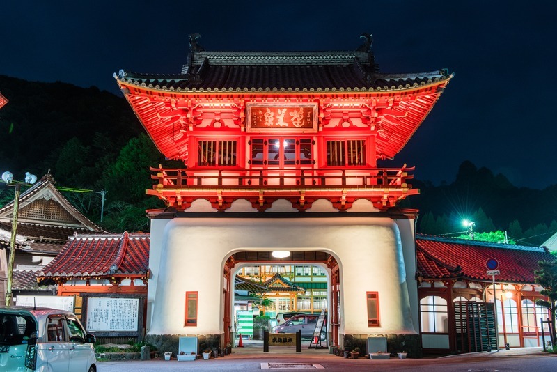 写真：ライトアップされた夜の武雄温泉楼門