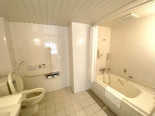 写真：手すりや腰掛スぺースがあるトイレと浴槽
